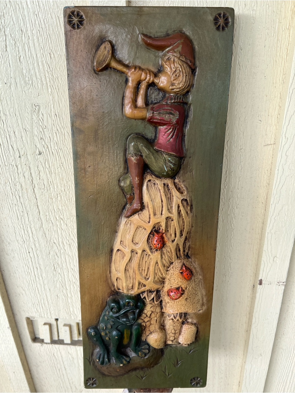 Rare 1970s Burwood Resin plaque featuring a pixie elf, mushrooms, ladybugs, frog